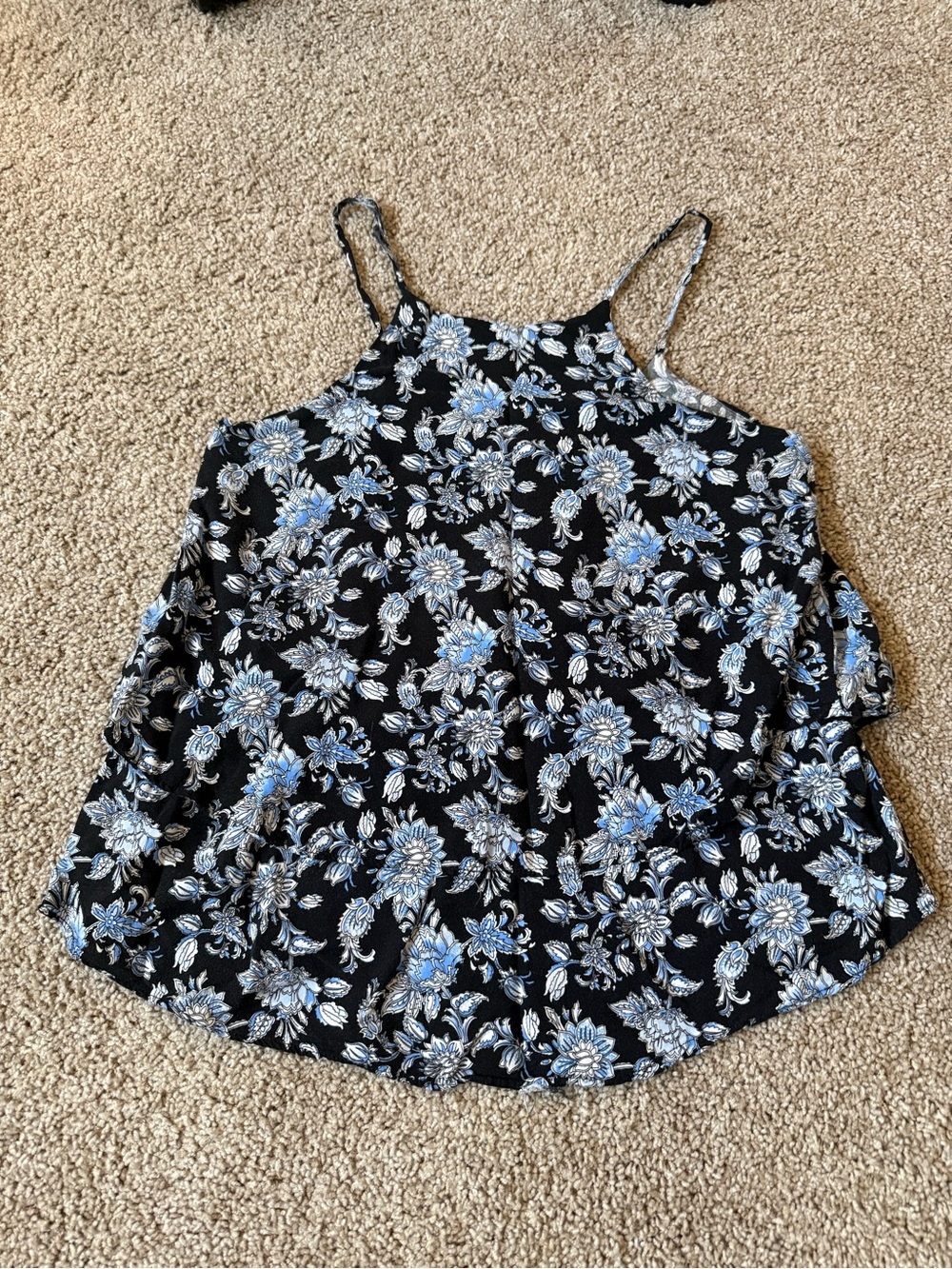 Annabella Black Spaghetti Strap Tank with Blue Floral